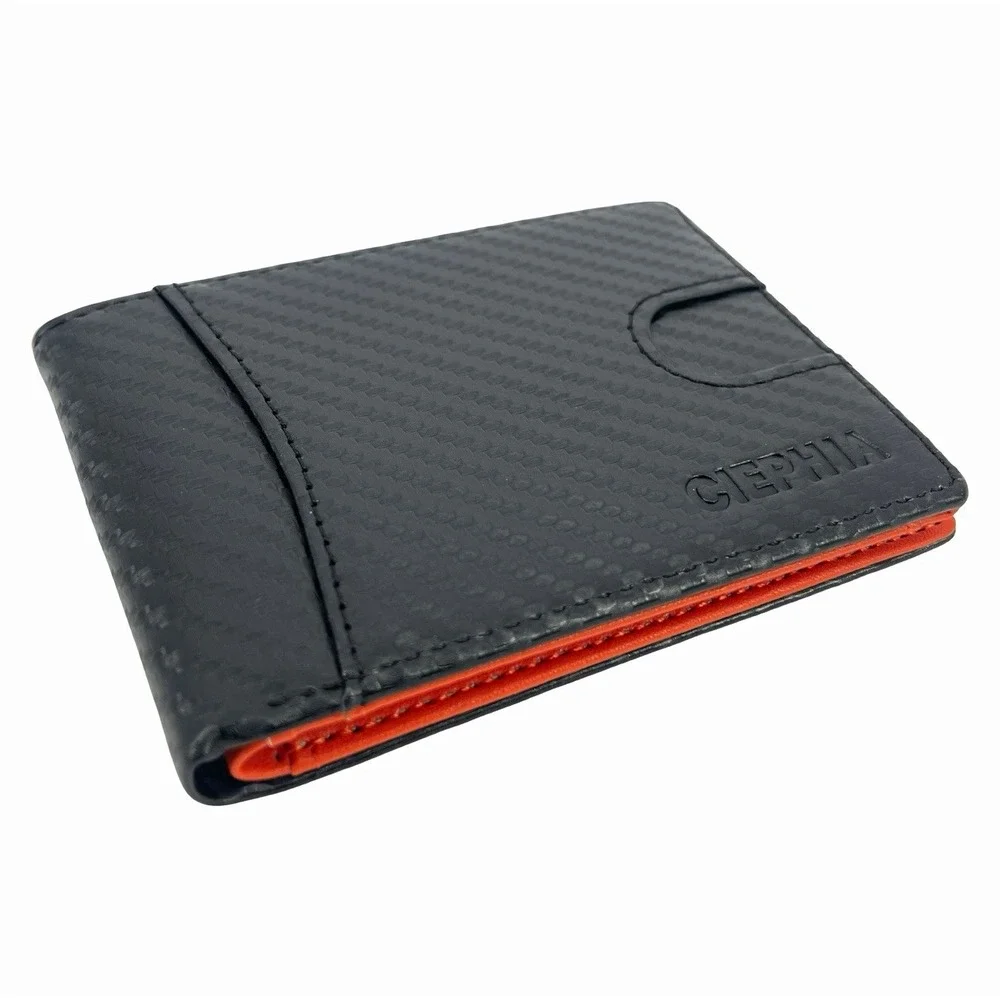 CIEPHIA Mens Bifold Wallet Black Orange Carbon Fiber Look ID Window Slim
